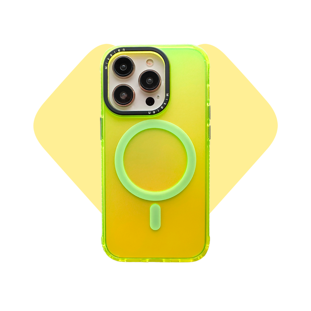 Funda para iPhone 15 Pro Mikalen Tornasol con MagSafe - Verde Flourecente